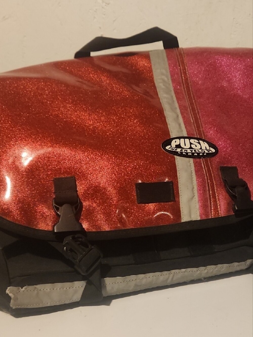 Vintage PUSH The Envelope Canada Heavy Duty Glitter Vinyl Courier Messenger Bag